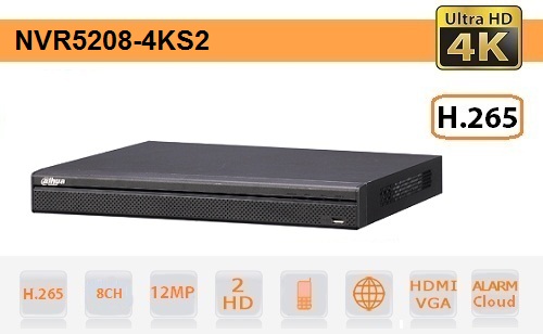 NVR IP 8 Canali 4K Ultra-HD 12Mpx 320Mbps H.265 - Serie Pro - Dahua - NVR5208-4KS2
